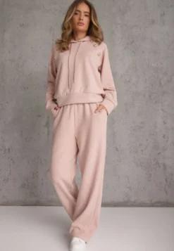 Różowy Komplet Dresowy Spodnie Wide Leg i Bluza z Kapturem i Aplikacjami Nailena