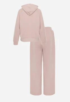 Różowy Komplet Dresowy Spodnie Wide Leg i Bluza z Kapturem i Aplikacjami Nailena