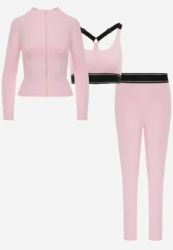 Różowy Komplet Fitnessowy z Ozdobnymi Przeszyciami Stanik Bluza Cropped i Legginsy Ruybal