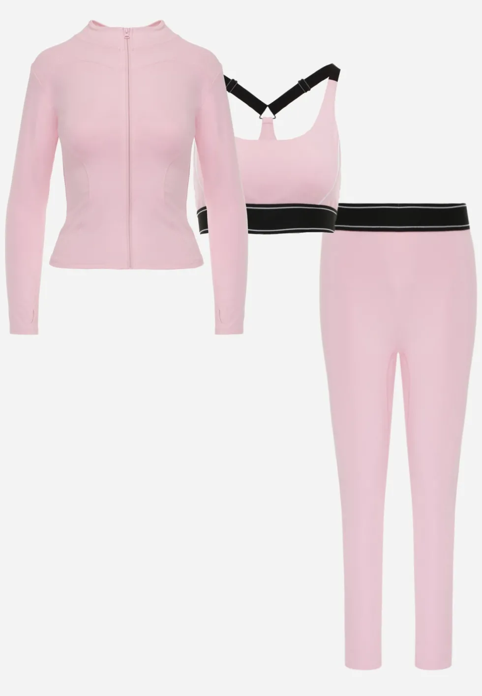 Różowy Komplet Fitnessowy z Ozdobnymi Przeszyciami Stanik Bluza Cropped i Legginsy Ruybal