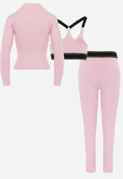 Różowy Komplet Fitnessowy z Ozdobnymi Przeszyciami Stanik Bluza Cropped i Legginsy Ruybal