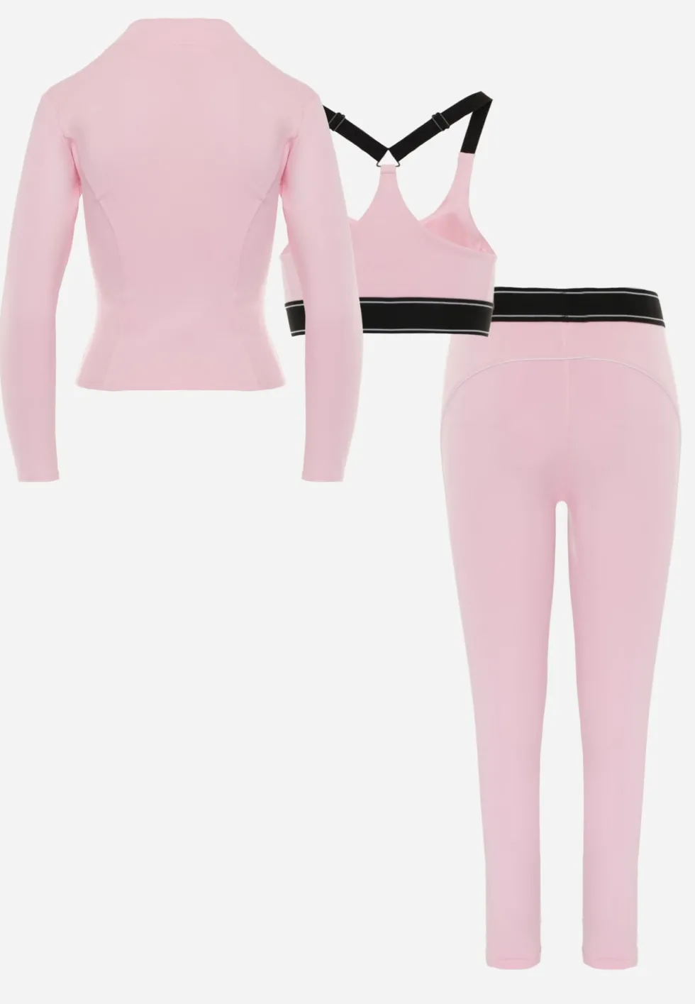 Różowy Komplet Fitnessowy z Ozdobnymi Przeszyciami Stanik Bluza Cropped i Legginsy Ruybal