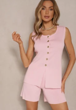 Różowy Komplet Szorty i Rozpinana Kamizelka Folnaria