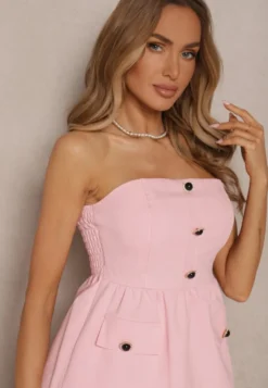 Różowy Komplet Top Bandeau z Baskinką i Spodnie o Kroju Flare Vilkio