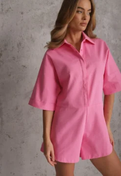 Różowy Krótki Kombinezon Bawełniany w Stylu Casual Arethanise