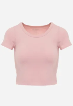 Różowy Krótki T-shirt Basic z Okrągłym Dekoltem Gresalor