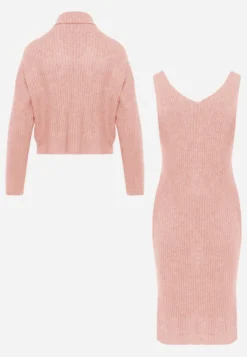 Różowy Prążkowany Komplet z Dzianiny z Wełną i Bawełną Golf i Sukienka Bodycon Mirrela