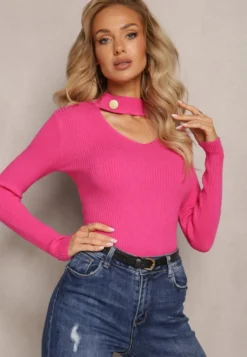 Różowy Sweter Golf z Ozdobnym Wycięciem Przy Dekolcie Erticia