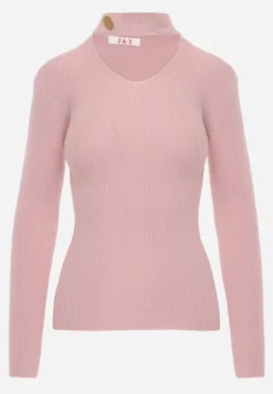 Różowy Sweter w Typie Półgolfu z Prążkowaniem Ozdobiony Wycięciem na Dekolcie Palgunia