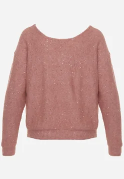 Różowy Sweter z Dekoltem w Serek i Cekinami z Dzianiny z Dodatkiem Wełny Driana