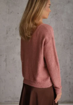 Różowy Sweter z Dekoltem w Serek i Cekinami z Dzianiny z Dodatkiem Wełny Driana