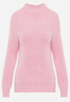 Różowy Sweter z Wełną i Dekoltem Półgolfem Deomiora