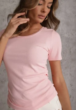 Różowy T-shirt w Prążki z Marszczeniami po Bokach Nedala