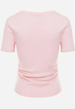 Różowy T-shirt w Prążki z Marszczeniami po Bokach Nedala