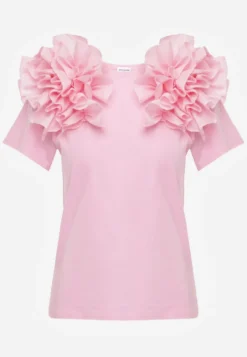 Różowy T-shirt z Bawełny Ozdobiony Bufiastymi Falbankami Kandrra