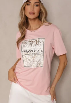 Różowy T-shirt z Bawełny z Nadrukiem Tellanis