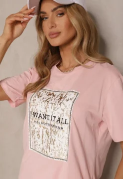 Różowy T-shirt z Bawełny z Nadrukiem Tellanis