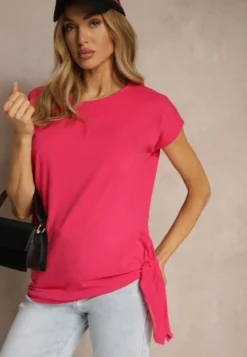 Różowy T-shirt z Bawełny z Ozdobnym Wiązaniem Termio
