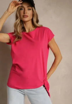 Różowy T-shirt z Bawełny z Ozdobnym Wiązaniem Termio