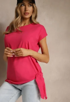 Różowy T-shirt z Bawełny z Ozdobnym Wiązaniem Termio