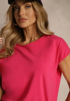 Różowy T-shirt z Bawełny z Ozdobnym Wiązaniem Termio
