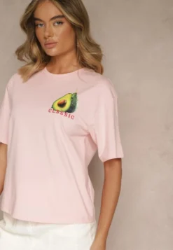 Różowy T-shirt z Bawełną ze Wzorem Awokado Tilannia