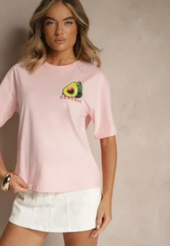 Różowy T-shirt z Bawełną ze Wzorem Awokado Tilannia