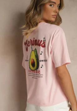 Różowy T-shirt z Bawełną ze Wzorem Awokado Tilannia