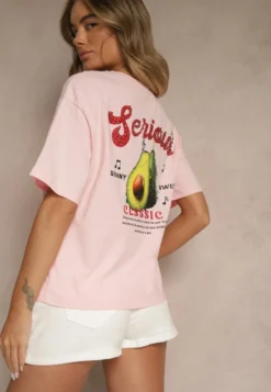 Różowy T-shirt z Bawełną ze Wzorem Awokado Tilannia