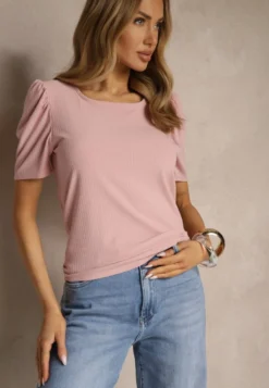 Różowy T-shirt z Prążkowanej Tkaniny z Zakładkami przy Rękawach Kolaniella