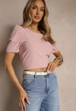 Różowy T-shirt z Prążkowanej Tkaniny z Zakładkami przy Rękawach Kolaniella