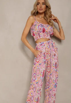 Różowy Wiskozowy Komplet Boho Krótki Top na Ramiączkach Długie Spodnie z Nogawkami Palazzo Miteri