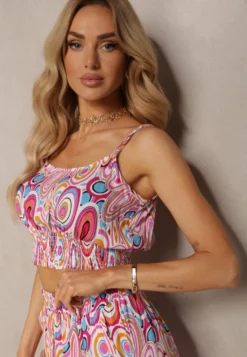 Różowy Wiskozowy Komplet Boho Krótki Top na Ramiączkach Długie Spodnie z Nogawkami Palazzo Miteri