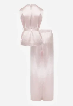 Różowy Wiskozowy Komplet Elegancki z Satynowego Materiału Bluzka w Stylu Kimono i Szerokie Spodnie Adraxera