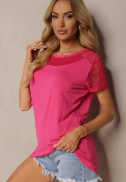 Różowy Wiskozowy T-shirt Koszulka z Krótkim Rękawem i Koronką Liada