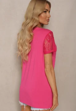 Różowy Wiskozowy T-shirt Koszulka z Krótkim Rękawem i Koronką Liada
