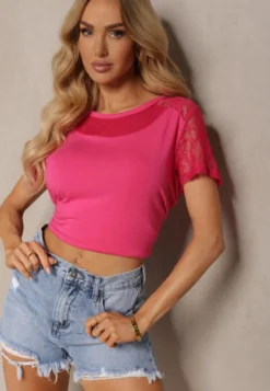 Różowy Wiskozowy T-shirt Koszulka z Krótkim Rękawem i Koronką Liada