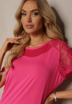 Różowy Wiskozowy T-shirt Koszulka z Krótkim Rękawem i Koronką Liada