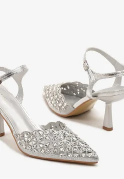Srebrne Ażurowe Sandały na Szpilce Vices Ozdobione Cyrkoniami Nilathra