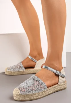 Srebrne Espadryle na Niskiej Platformie Zapinane wokół Kostki z Plecionką Asanipia