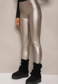 Srebrne Legginsy z Imitacji Skóry High Waist z Polarem Labrinne