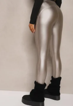 Srebrne Legginsy z Imitacji Skóry High Waist z Polarem Labrinne
