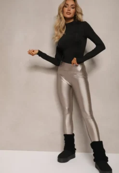 Srebrne Legginsy z Imitacji Skóry High Waist z Polarem Labrinne