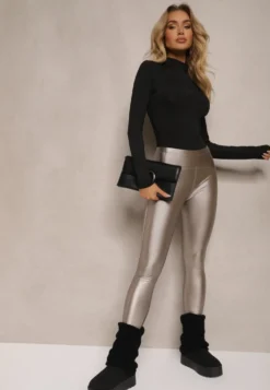 Srebrne Legginsy z Imitacji Skóry High Waist z Polarem Labrinne