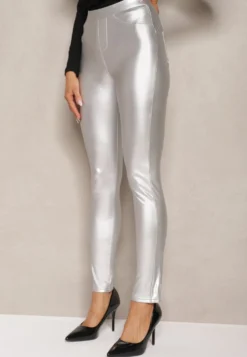 Srebrne Legginsy z Imitacji Skóry High Waist Noriel