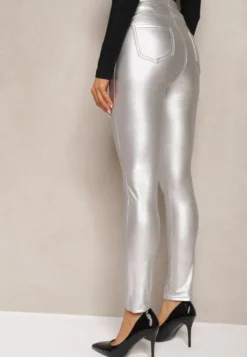 Srebrne Legginsy z Imitacji Skóry High Waist Noriel