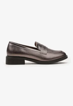 Srebrne Mokasyny w Stylu Loafersów z Wkładką ze Skóry Naturalnej Tykolina