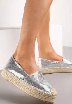 Srebrne Plecione Espadryle na Grubej Podeszwie z Lakierowaną Cholewką Noem