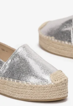 Srebrne Plecione Espadryle na Grubej Podeszwie z Lakierowaną Cholewką Noem