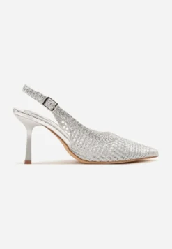 Srebrne Sandały na Szpilce Typu Slingback Ozdobione Plecionką Meranoria
